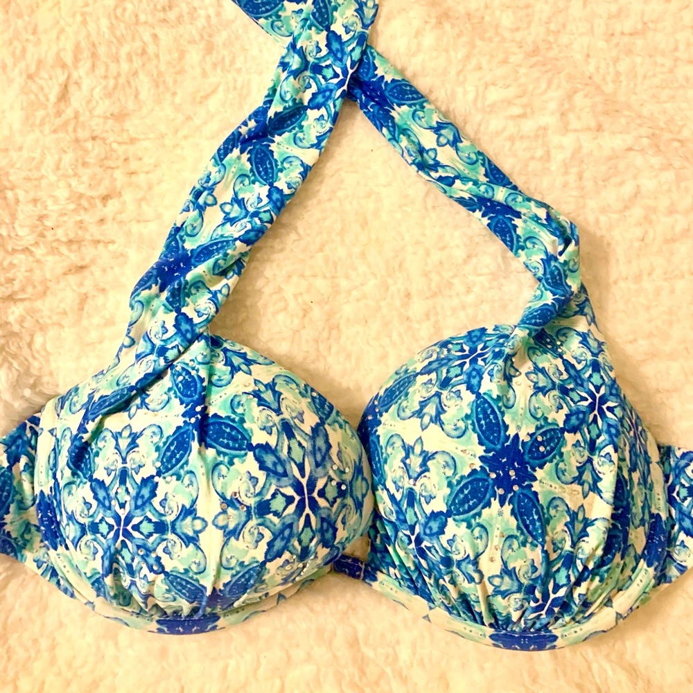 Blue and White Patterned Bikini Top